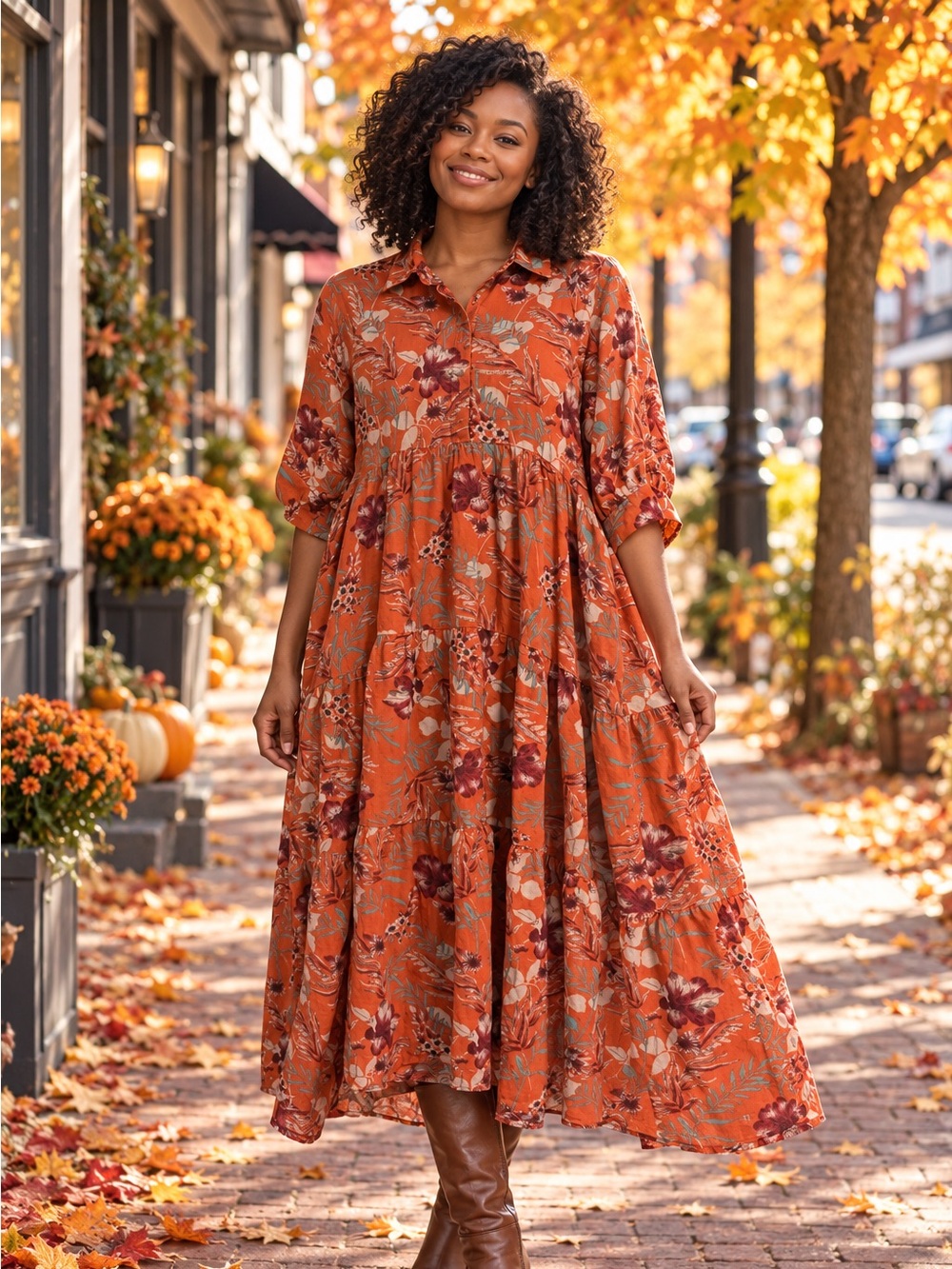 Natural Life Tiered Midi Fall Dress - Orange